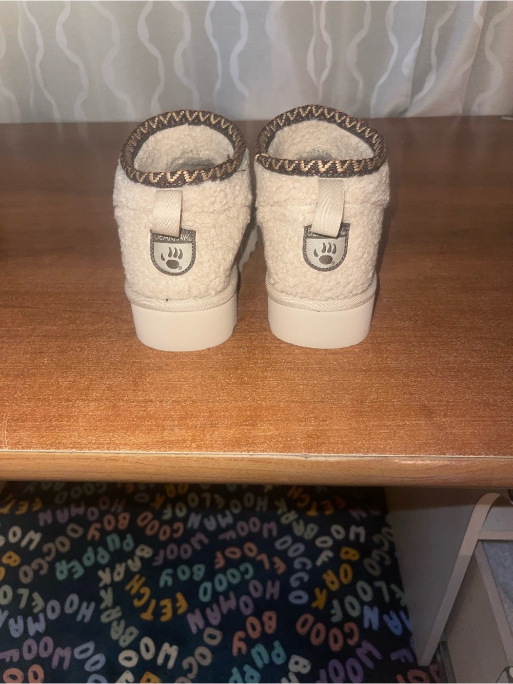 BearPaw Cream Sherpa Ankle Booties with Brown Trim
